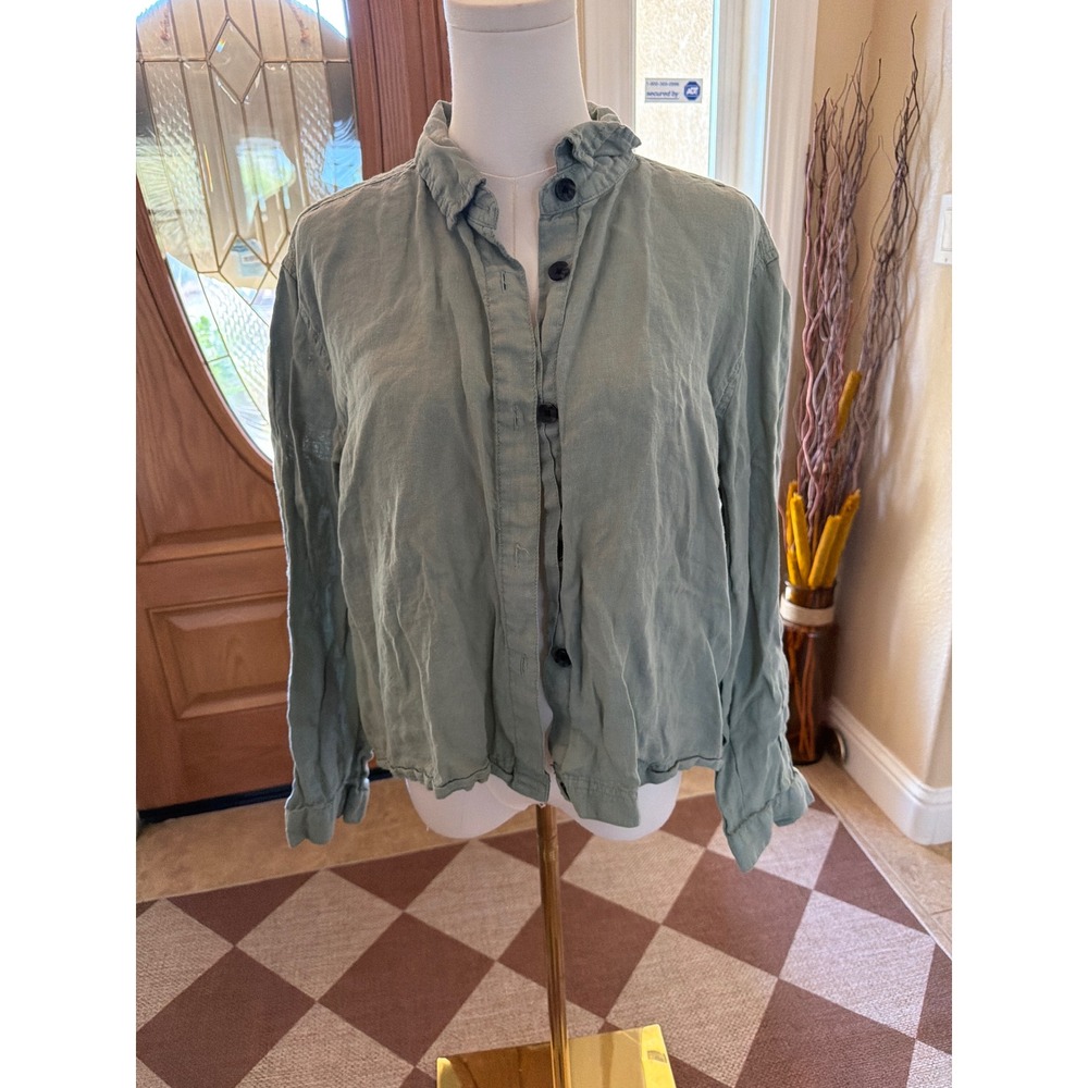 Rachel Zoe Sage Green 100% Linen Button Down Shirt Long Sleeve Womens Large